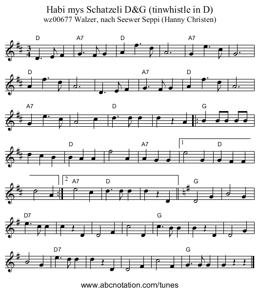 Habi mys Schatzeli D&G (tinwhistle in D) - staff notation