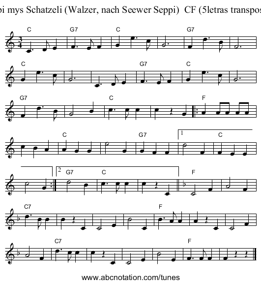Habi mys Schatzeli (Walzer, nach Seewer Seppi)  CF (5letras transposed) - staff notation