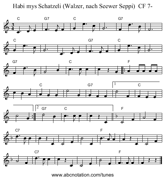 Habi mys Schatzeli (Walzer, nach Seewer Seppi)  CF 7- - staff notation