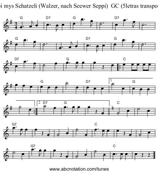 Habi mys Schatzeli (Walzer, nach Seewer Seppi)  GC (5letras transposed) - staff notation