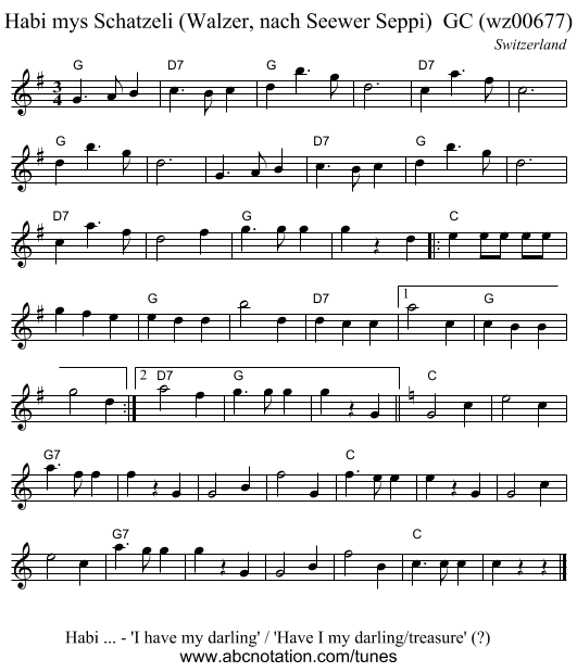 Habi mys Schatzeli (Walzer, nach Seewer Seppi) GC (wz00677) - staff notation