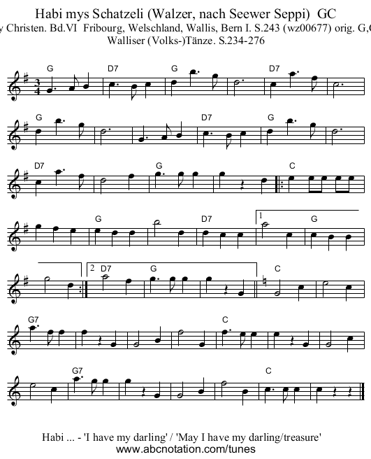 Habi mys Schatzeli (Walzer, nach Seewer Seppi) GC - staff notation