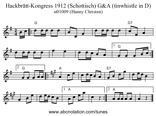 Hackbrätt-Kongress 1912 (Schottisch) G&A (tinwhistle in D) - staff notation