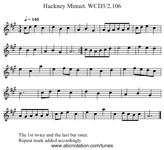 Hackney Minuet. WCD3/2.106 - staff notation