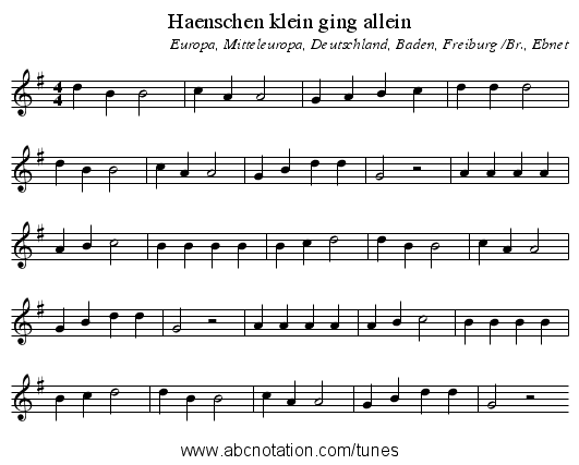 Haenschen klein ging allein - staff notation