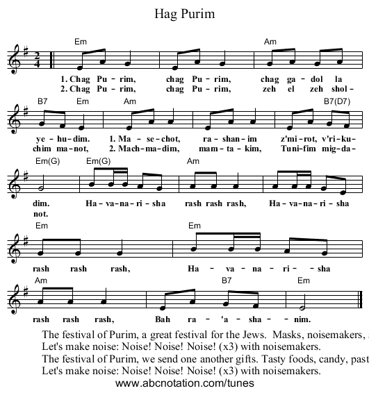 Hag Purim - staff notation