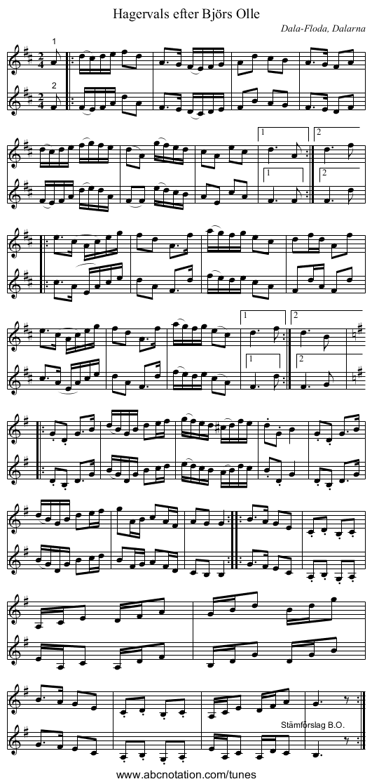 Hagervals efter Björs Olle - staff notation