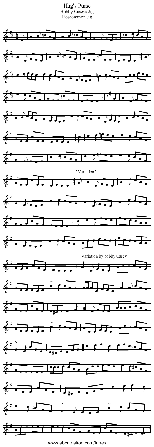 Hag's Purse - staff notation