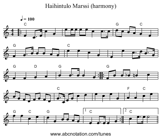 Haihintulo Marssi (harmony) - staff notation