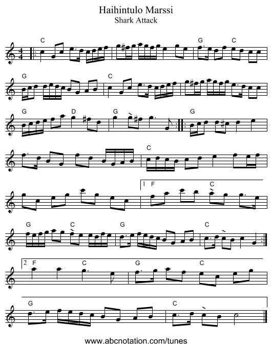 Haihintulo Marssi - staff notation
