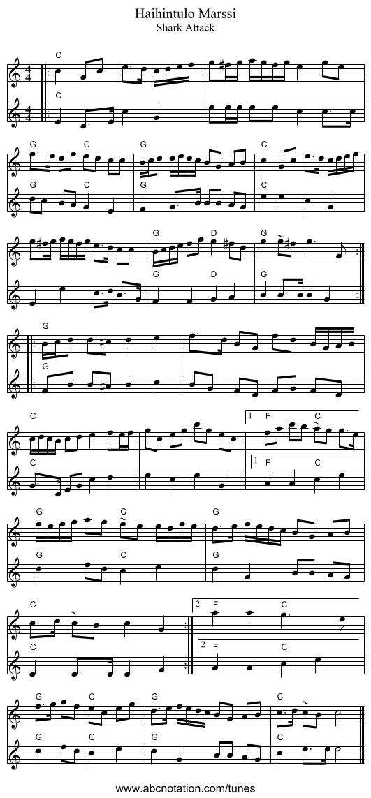 Haihintulo Marssi - staff notation