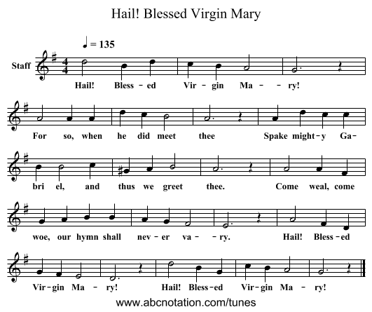 Hail! Blessed Virgin Mary - staff notation
