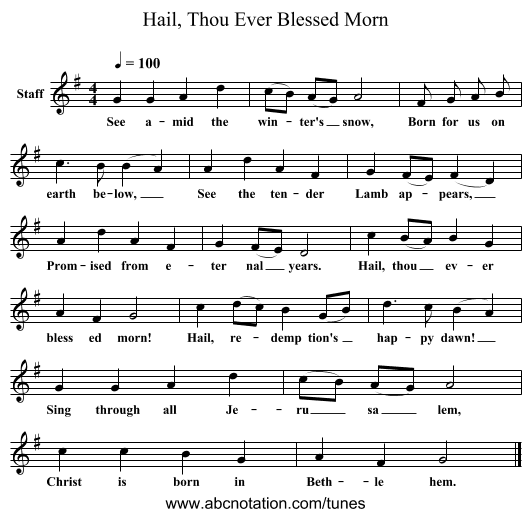 Hail, Thou Ever Blessed Morn - staff notation