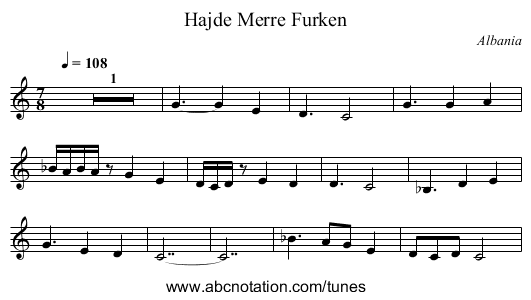 Hajde Merre Furken - staff notation