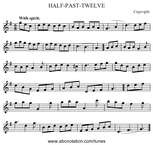 HALF-PAST-TWELVE - staff notation