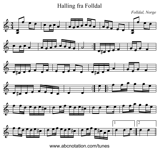 Halling fra Folldal - staff notation