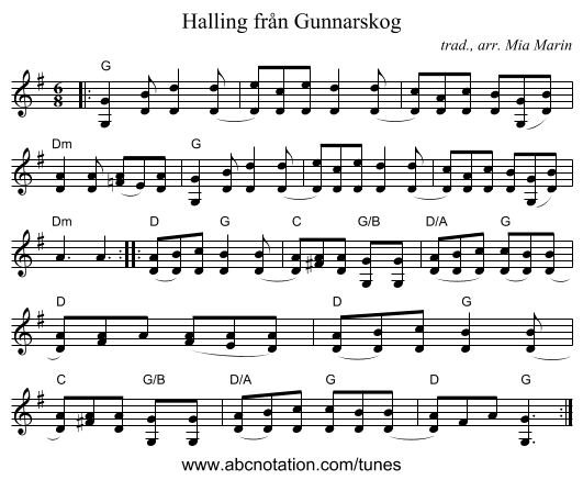 Halling fr&aring;n Gunnarskog - staff notation