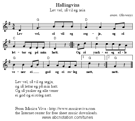 Hallingvisa - staff notation