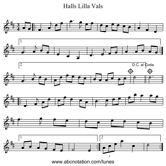 Halls Lilla Vals - staff notation