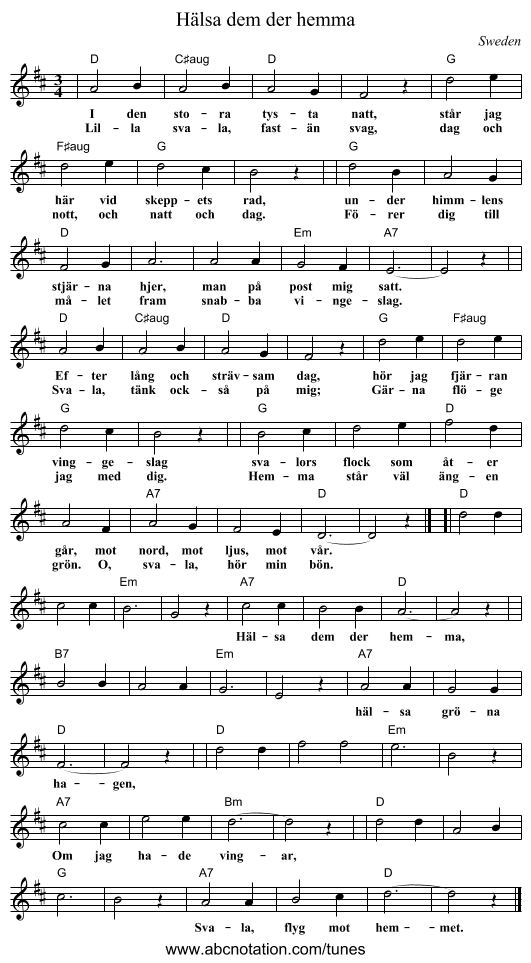 H&auml;lsa dem der hemma - staff notation