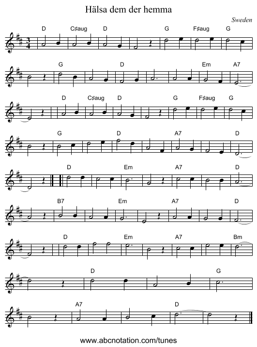Hälsa dem der hemma - staff notation