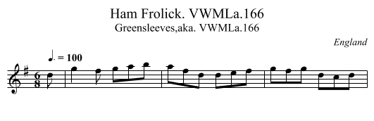 Ham Frolick. VWMLa.166 - staff notation