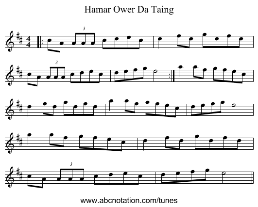 Hamar Ower Da Taing - staff notation