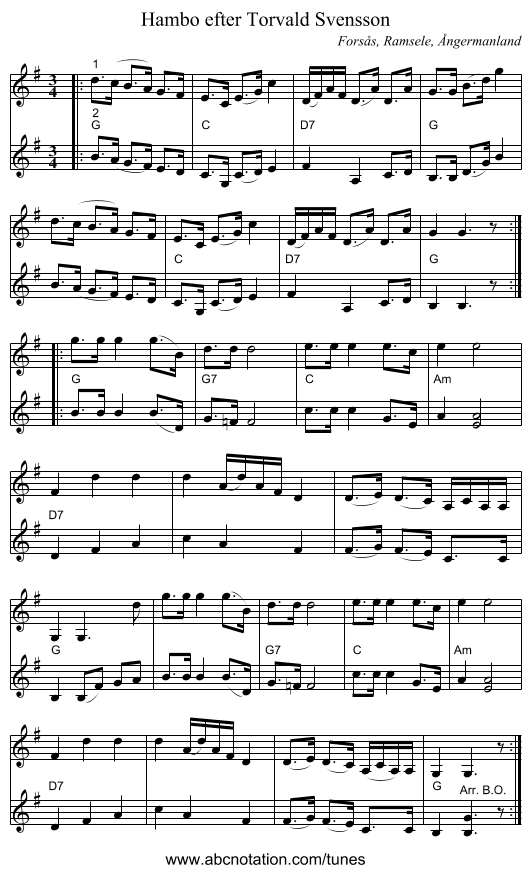 Hambo efter Torvald Svensson - staff notation