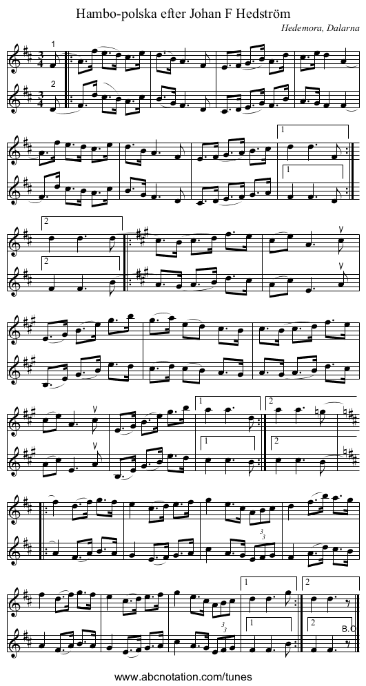 Hambo-polska efter Johan F Hedström - staff notation