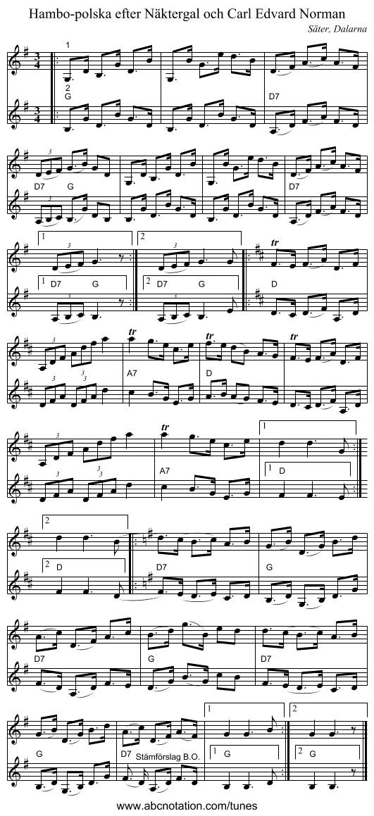 Hambo-polska efter Näktergal och Carl Edvard Norman - staff notation