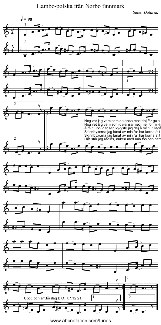 Hambo-polska från Norbo finnmark - staff notation