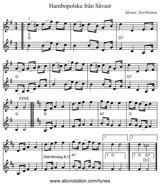Hambopolska från Sävast - staff notation