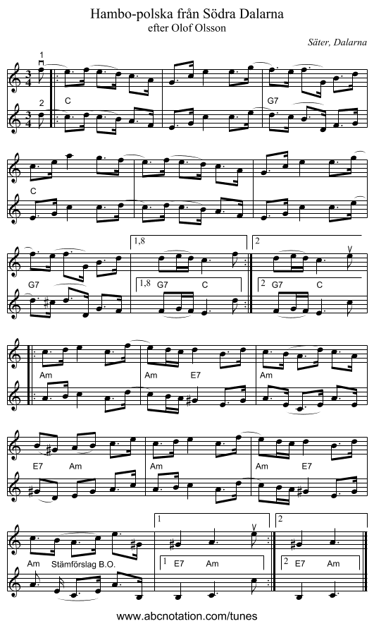 Hambo-polska från Södra Dalarna - staff notation
