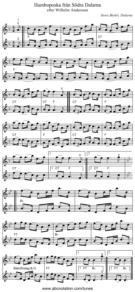 Hamboposka från Södra Dalarna - staff notation