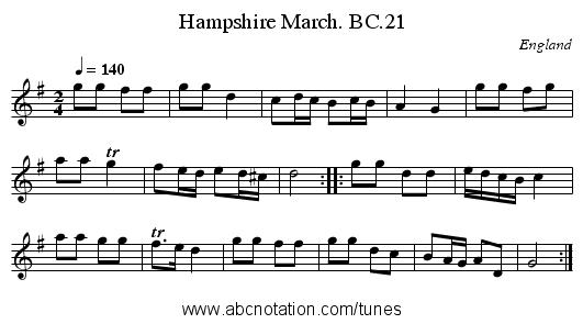 Hampshire March. BC.21 - staff notation