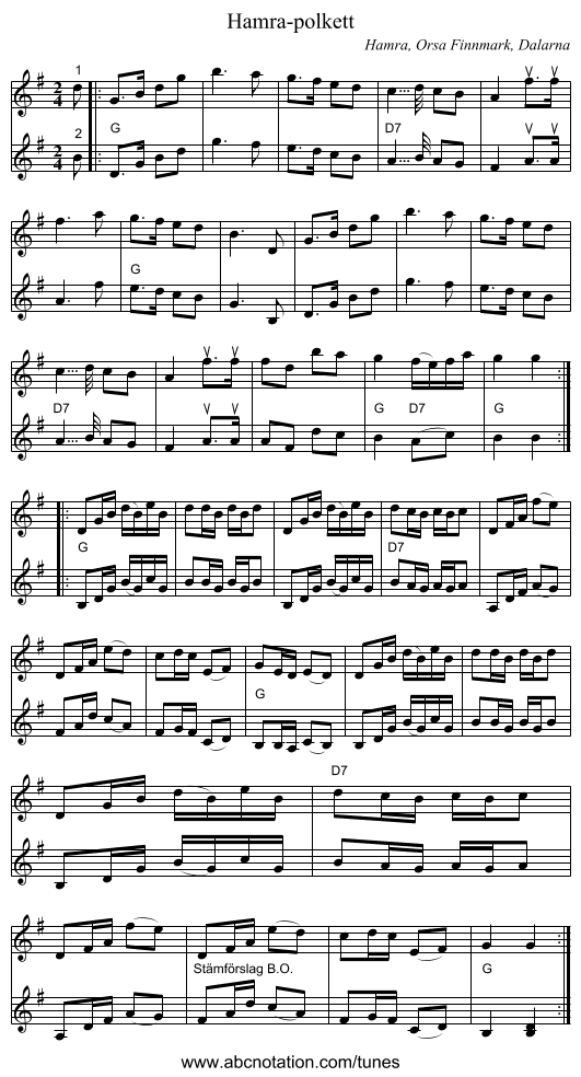 Hamra-polkett - staff notation