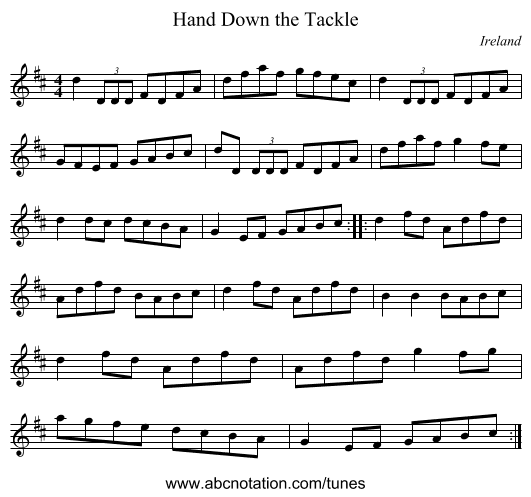 Hand Down the Tackle - staff notation