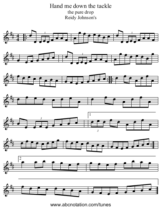 Hand me down the tackle - staff notation