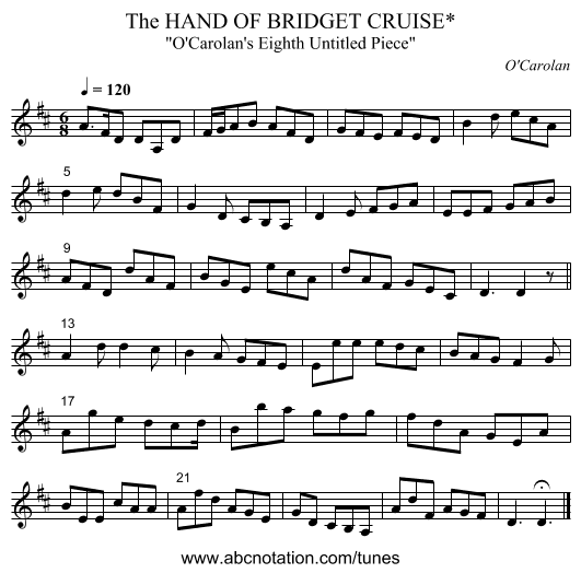 HAND OF BRIDGET CRUISE*, The - staff notation