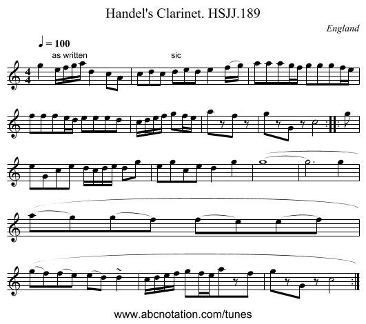 Handel's Clarinet. HSJJ.189 - staff notation