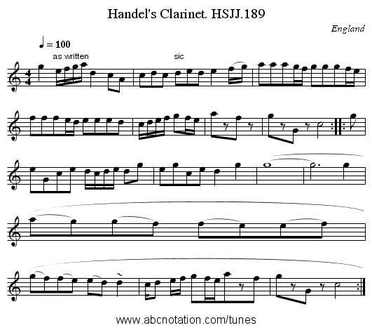 Handel's Clarinet. HSJJ.189 - staff notation