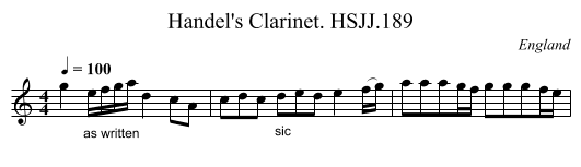 Handel's Clarinet. HSJJ.189 - staff notation