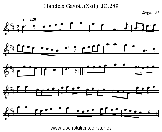 Handels Gavot..(No1). JC.239 - staff notation