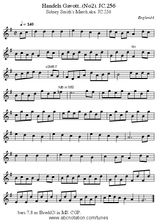 Handels Gavott..(No2). JC.256 - staff notation