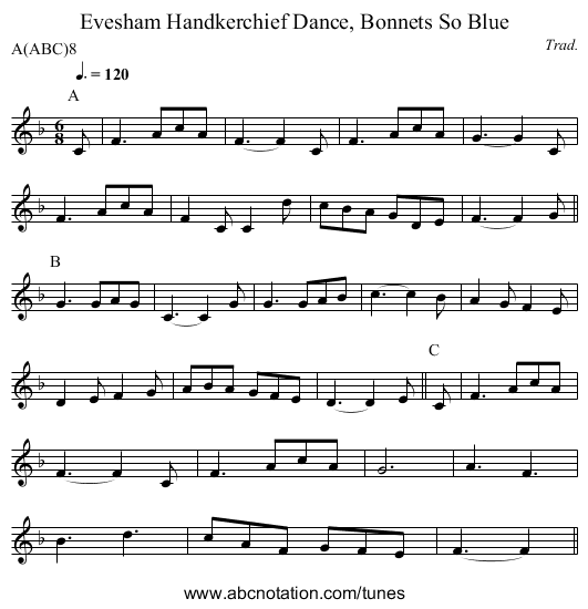 Handkerchief Dance, Bonnets So Blue, Evesham - staff notation
