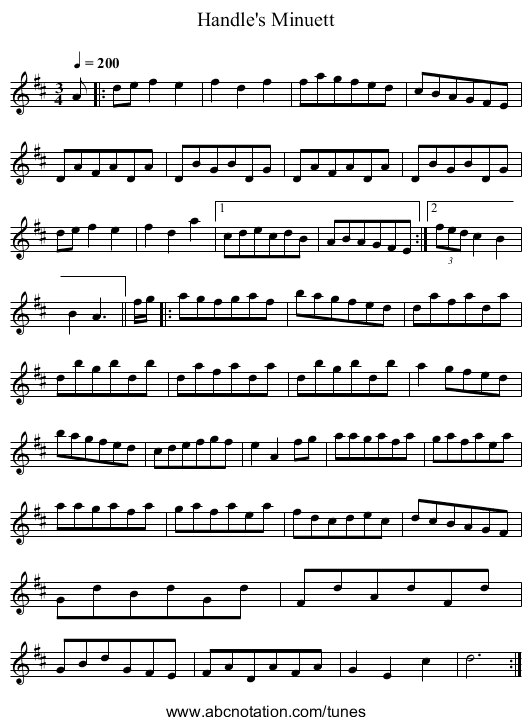 Handle's Minuett - staff notation