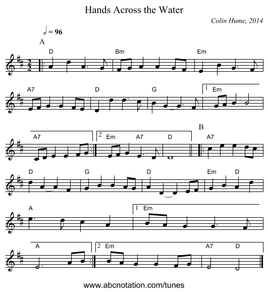 Hands Across the Water - staff notation