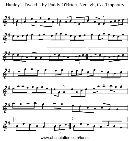 Hanley's Tweed by Paddy O'Brien, Nenagh, Co. Tipperary - staff notation