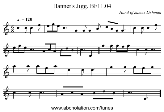Hanner's Jigg. BF11.04 - staff notation