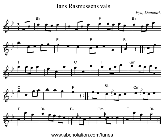 Hans Rasmussens vals - staff notation